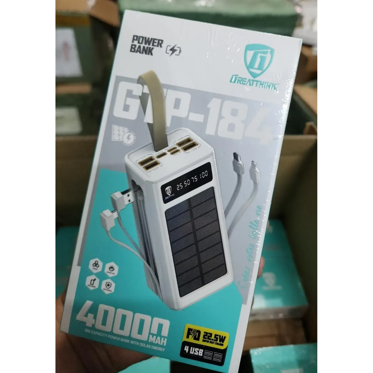 Dreatthink Power Bank Solaire 40000 mAh 22.5W 4 USB (GTP-184) — Neuf au Maroc Dreatthink Power Bank Solaire 40000 mAh 22.5W 4 USB (GTP-184) — Neuf au Maroc
